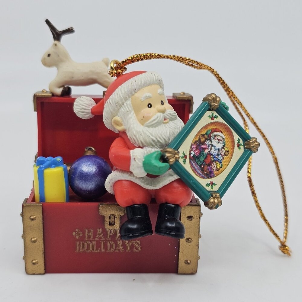 Vintage Santa Claus on Toy Chest Happy Holidays Christmas Tree Ornament 1996